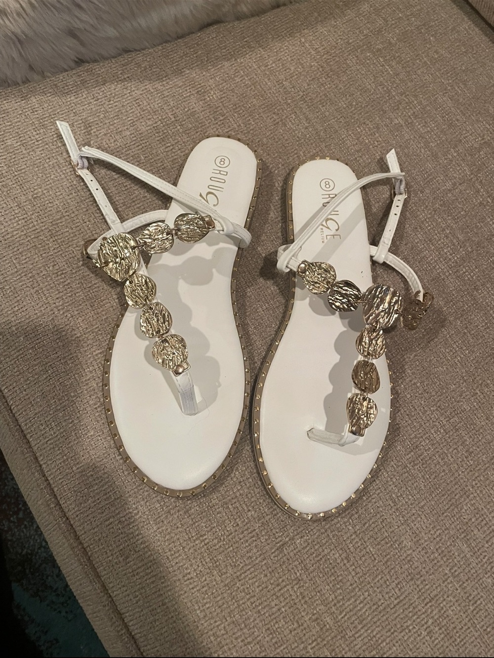 Sole Society White T-Strap Sandals with Gold Disc Accents